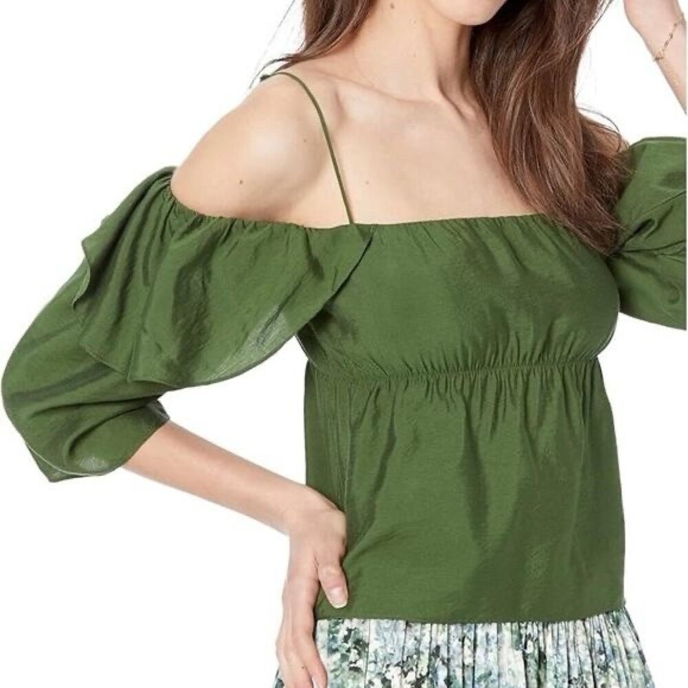 Vince Paneled Off Shoulder Ruffle Quiet Luxury Euro Summer Herb Green L NWT